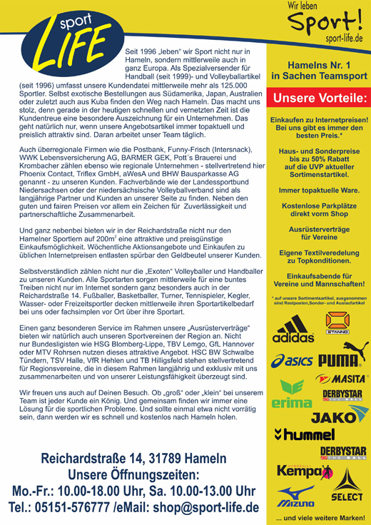 SportLife Aktion Hameln Fussball Handball Schuhe Trikots Trainingsanzuege 