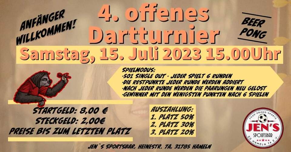 4. offenes Dartsturnier Jen´s Sportbar Flyer
